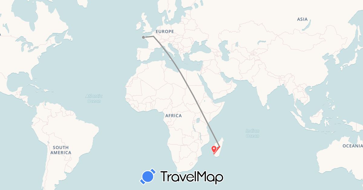 TravelMap itinerary: driving, plane, hiking in France, Madagascar (Africa, Europe)